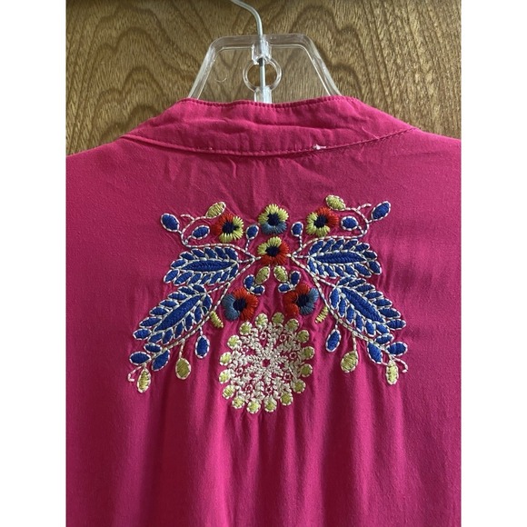 Luna Moon Hot Pink Boho Tunic Floral Embroidered Blouse Half Button Light Size L - Picture 13 of 16